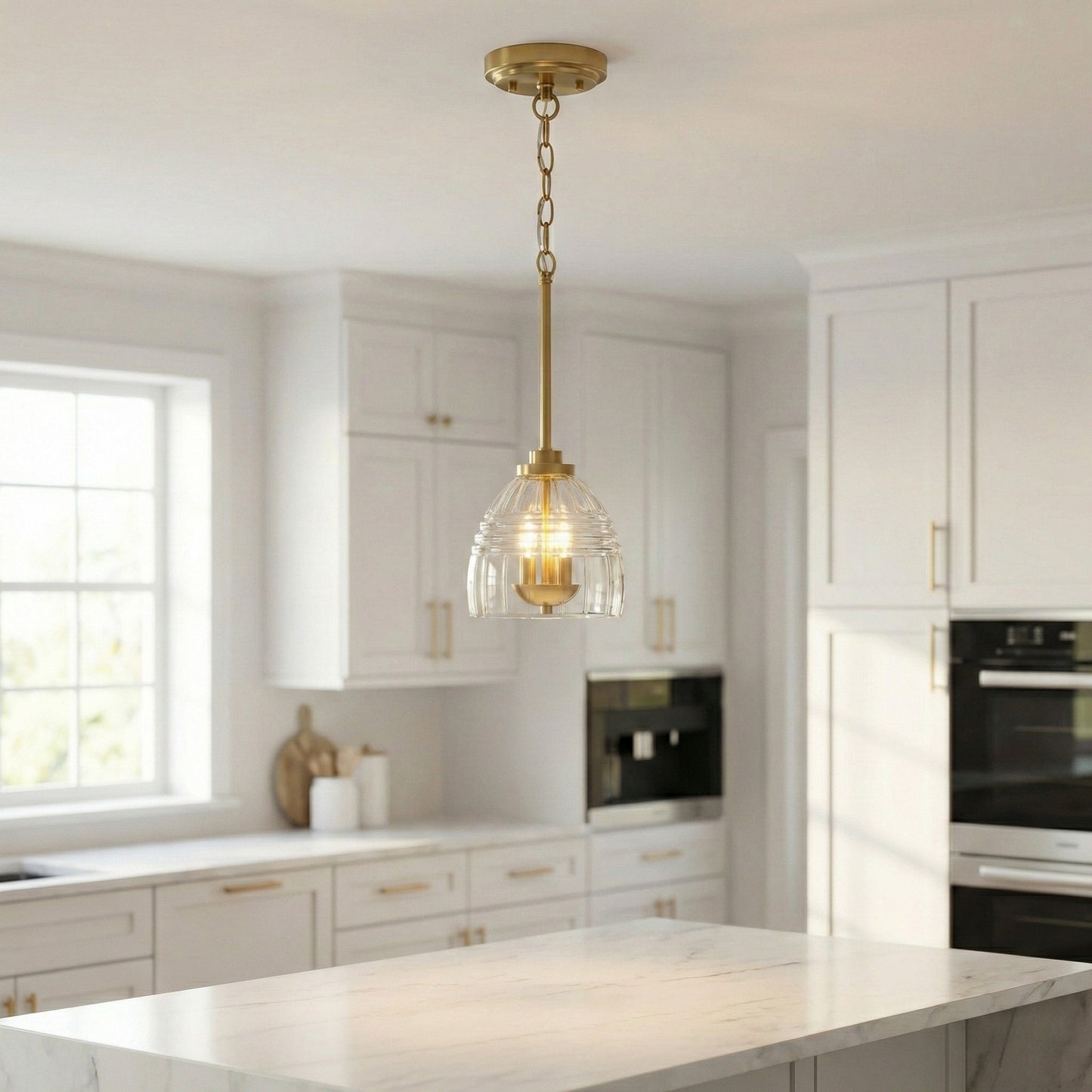 Ember Three Candle Lights Chain Pendant With Clear Glass - Satin Brass