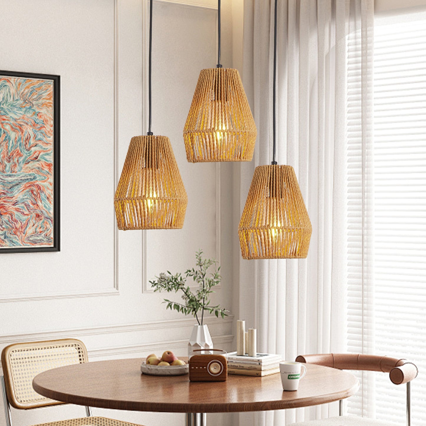 7-Inch Set of 3 Rustic Hemp Rope Pendant Lights - Farmhouse Ceiling Fixtures