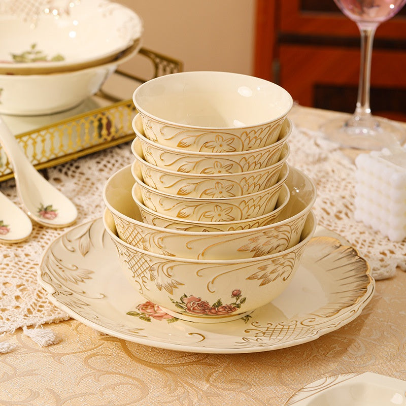 European-Style Ceramic Rice & Soup Bowls Set of 2 - Flower Pattern, Retro Kitchen Tableware