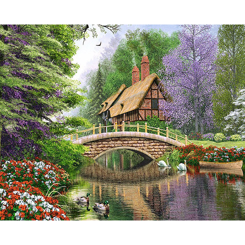 Diamond Painting Cross Stitch Kit with Rhinestones - Purple Flowers and Trees, 20x25cm to 40x50cm