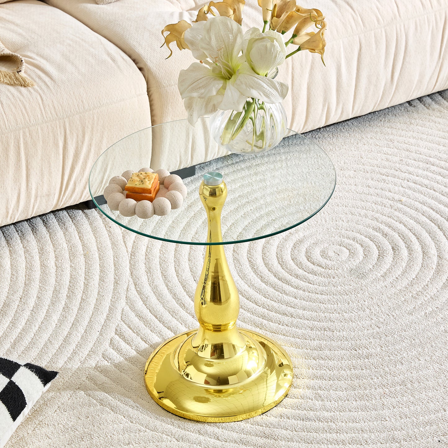 Modern Round Metal Side Table with Glass Top - Gold