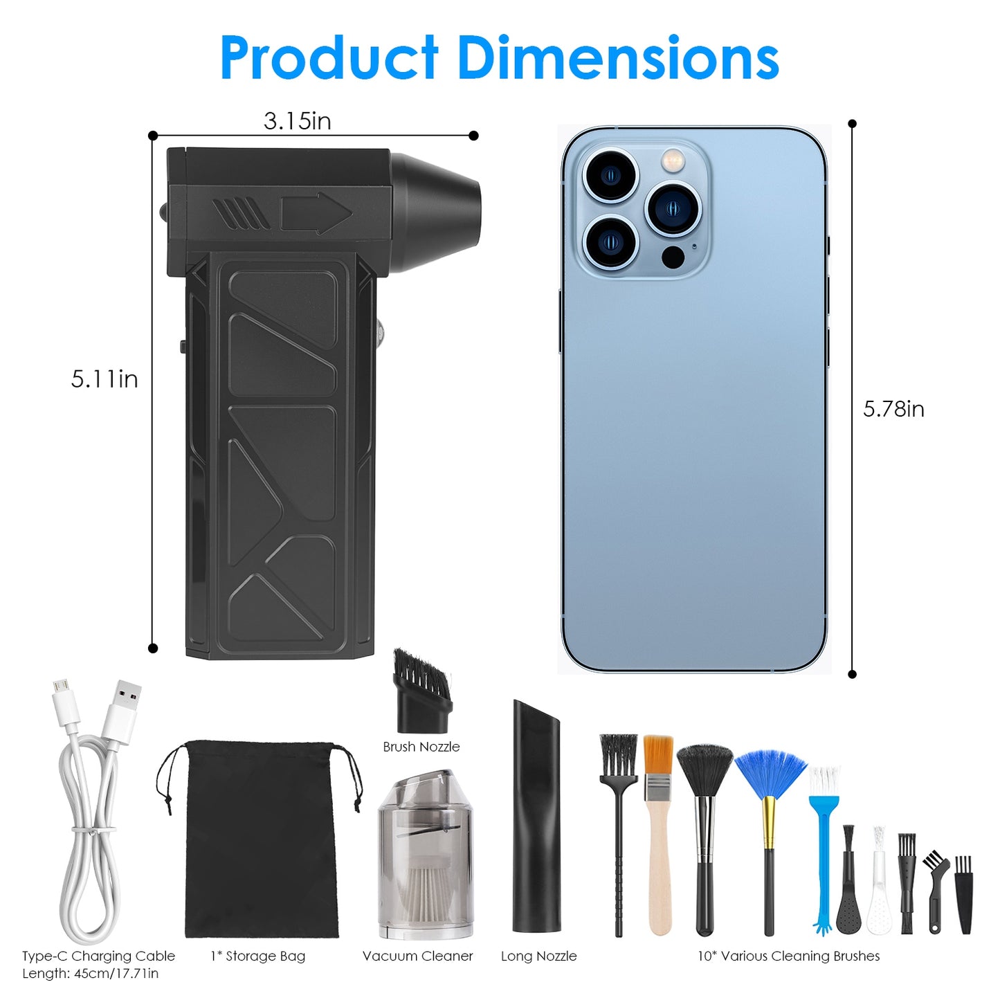 Cordless Compressed Air Duster with LED Light - 4 Speeds