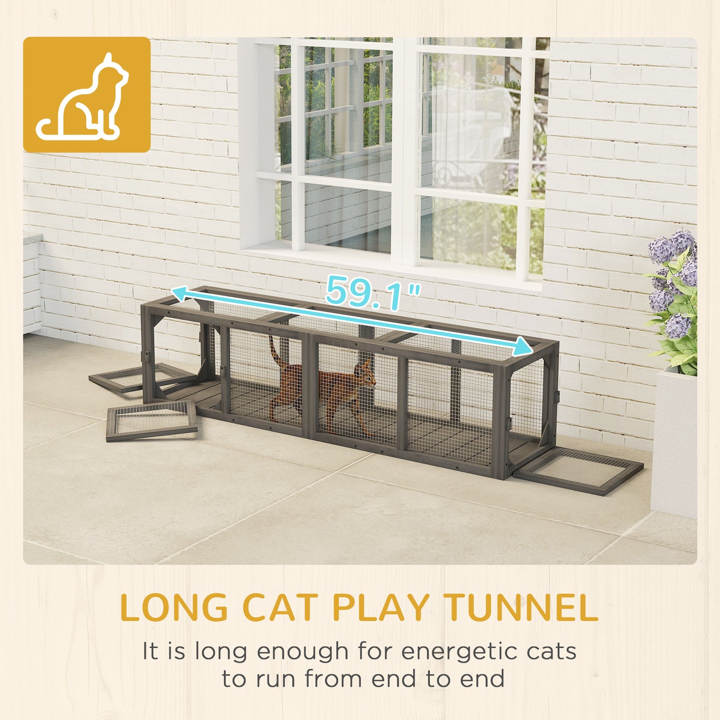Extendable Outdoor Cat Tunnel with 3 Doors - Gray Wooden Pet Play Enclosure 59 Inches