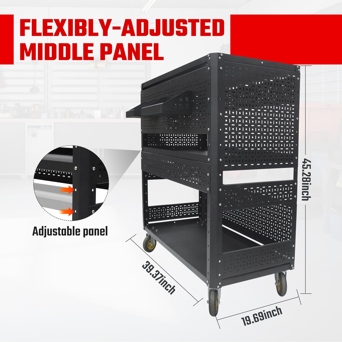 3-Tier Detachable Utility Cart with Steel Pegboard - Black