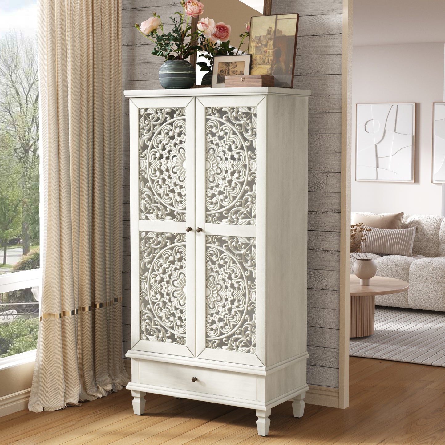 Rustic 55" Tall Storage Cabinet with Drawer - Antique Grey White