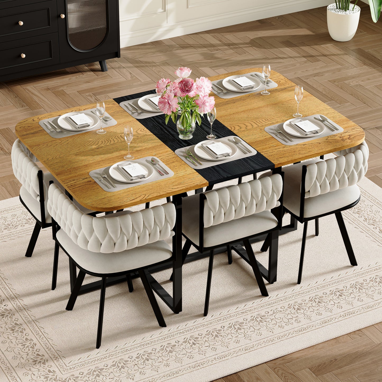 7-Piece Dining Table Set with Two-Tone Wood Top & Velvet Chairs