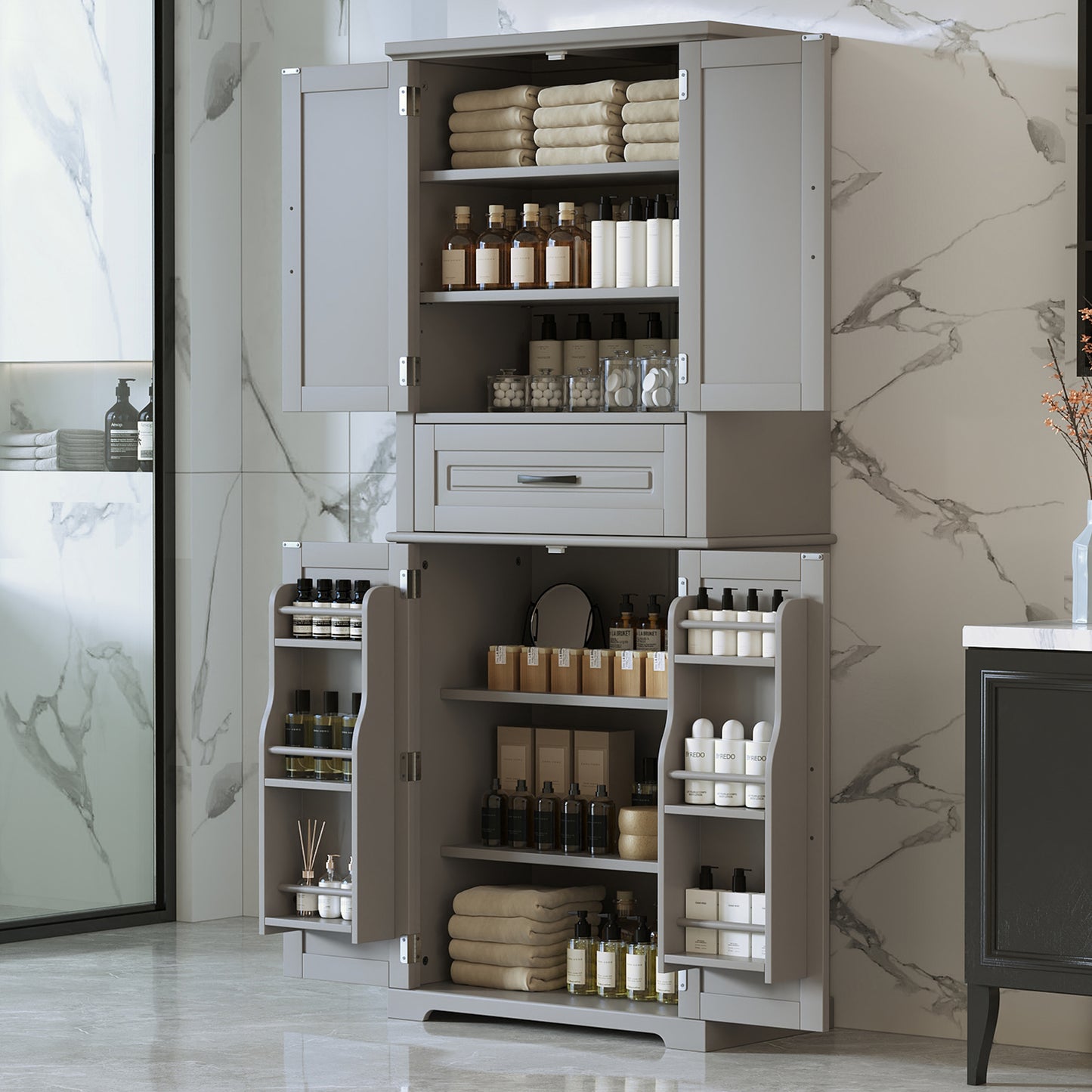 Multi-Functional Bathroom Storage Cabinet with Adjustable Shelf - Grey