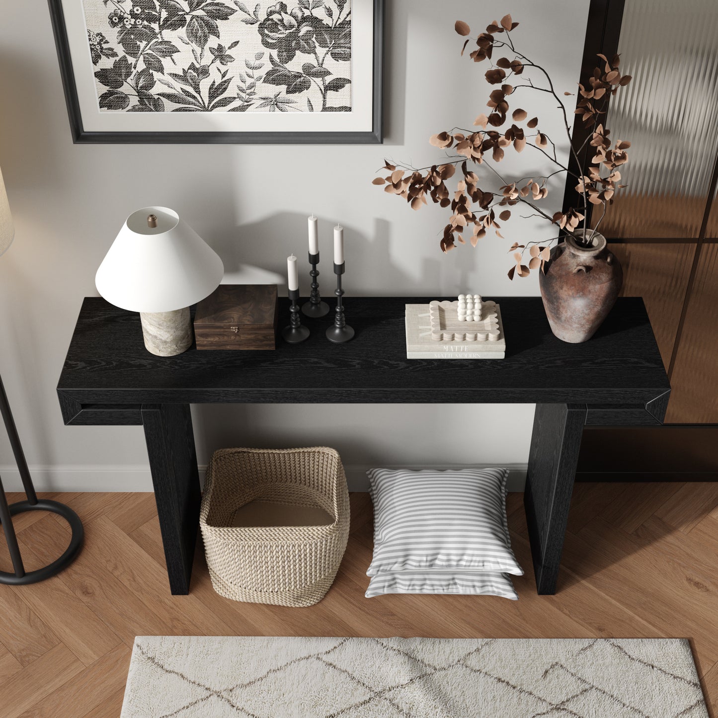 Rustic Farmhouse Console Table - Distressed Black Wood Finish