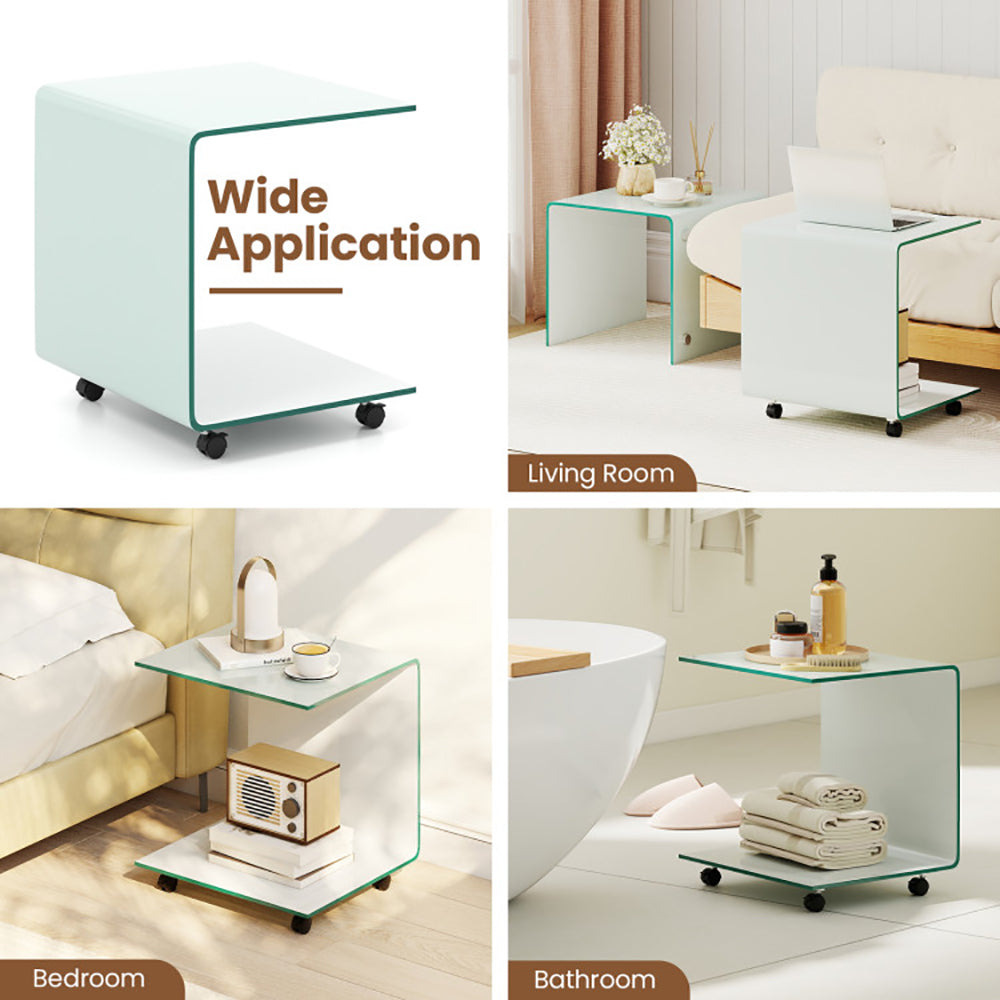 C Shaped End Table Modern Tempered Glass Side With Shelf 4 Swivel