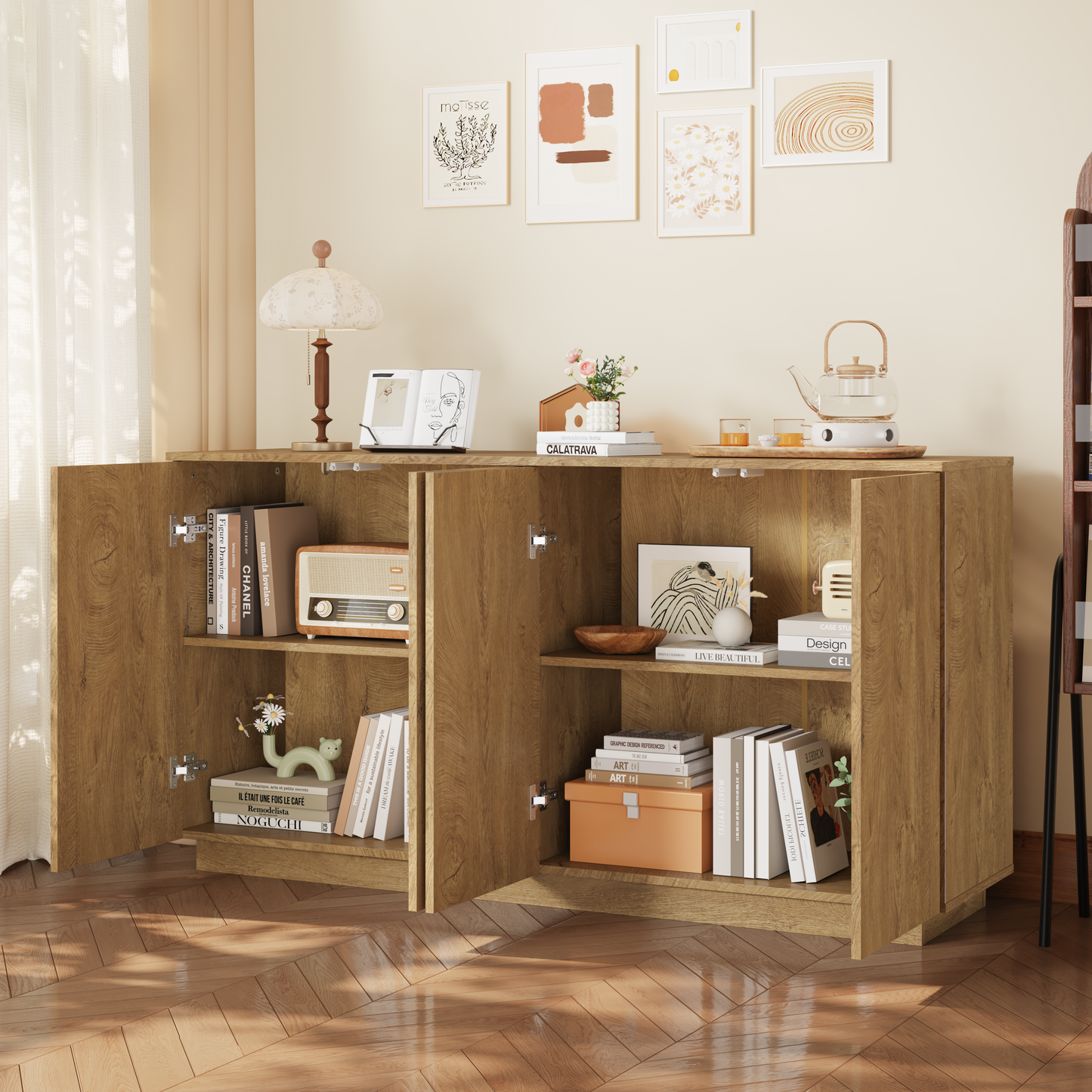 Natural Wood Sideboard Buffet Cabinet with 4 Doors & Adjustable Shelves