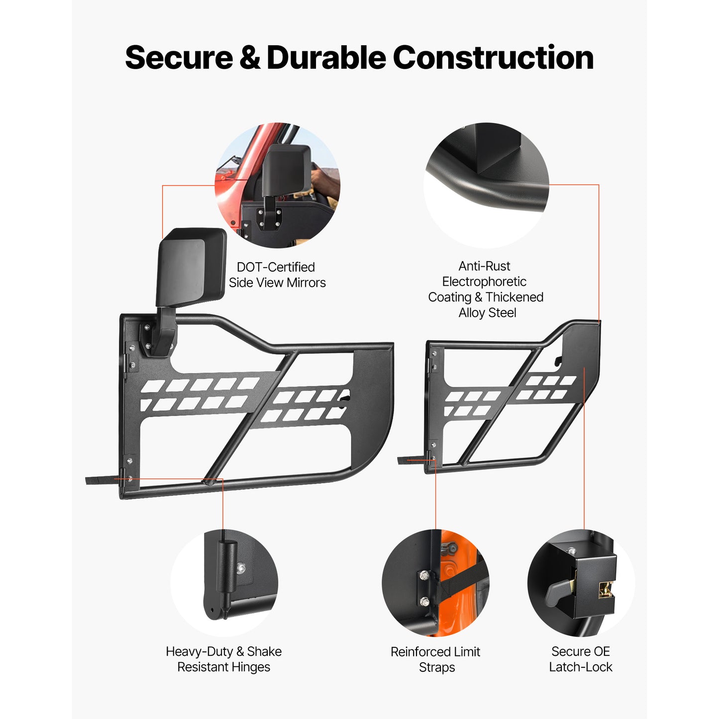 Off-Road Steel Tubular Half Doors for Jeep Wrangler JK JKU 2007-2018 - Front & Rear with DOT Mirrors