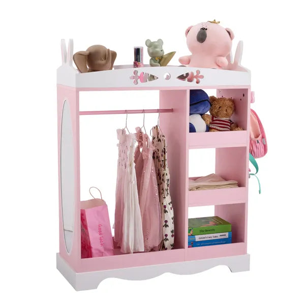 Pink MDF + Particleboard Children's Wardrobe With 1 Mirror, 3