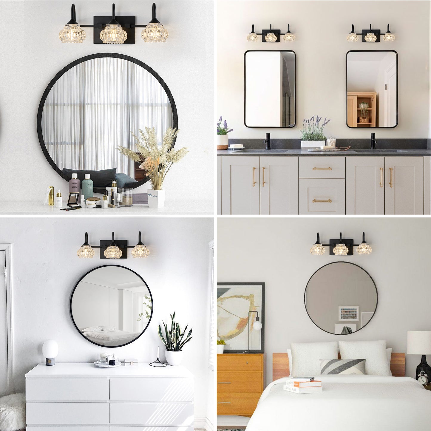 3-Light Bathroom Vanity Light Fixture - Black with Crystal Shades