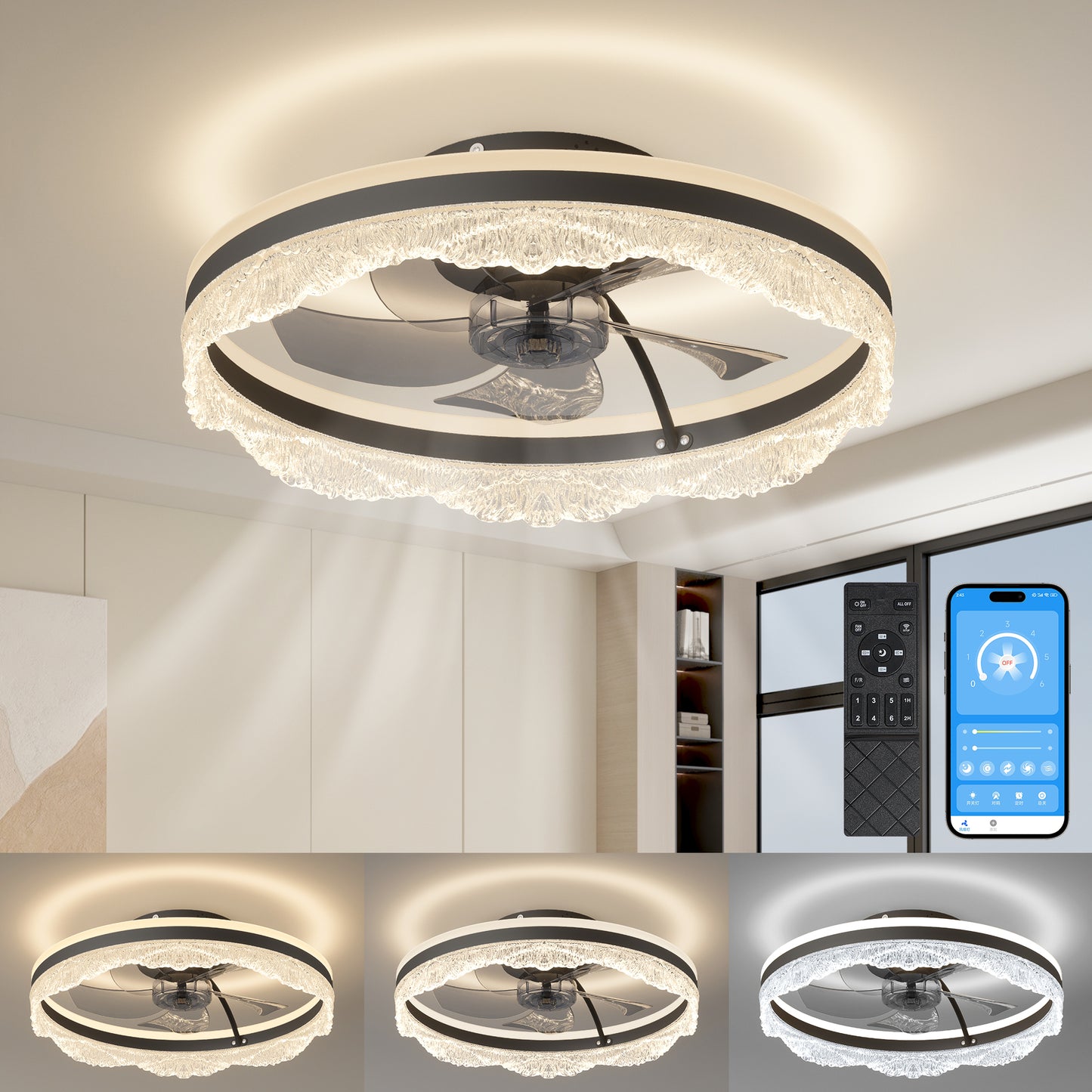 Smart Silent Ceiling Fan with Crystal LED Light - Flush Mount