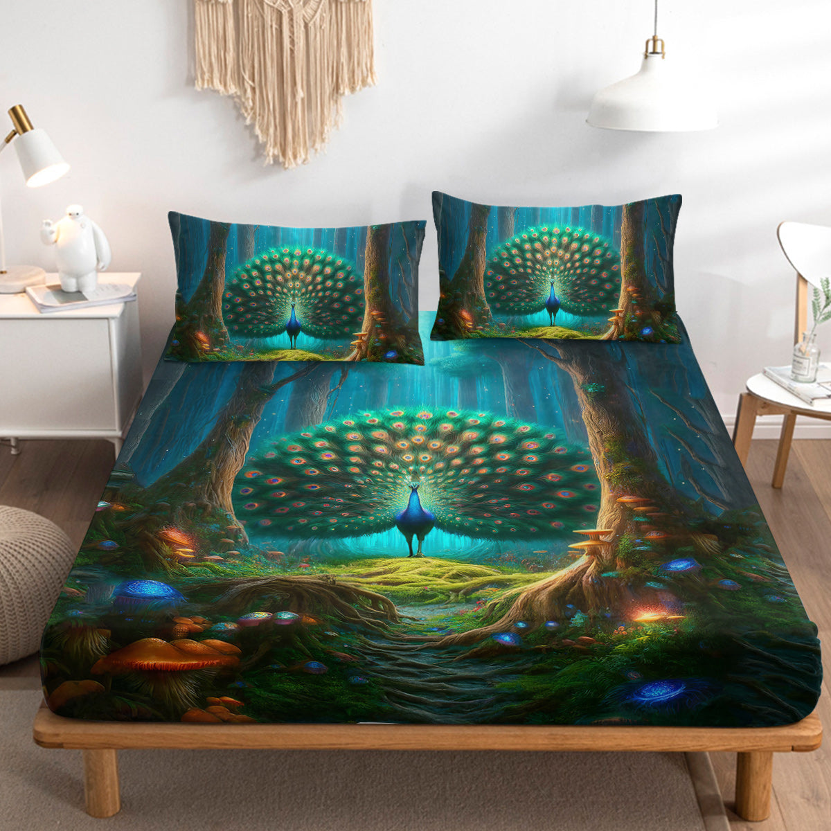 Green Peacock Print Bed Sheet Set - Colorful Mushroom Pattern, Queen Size