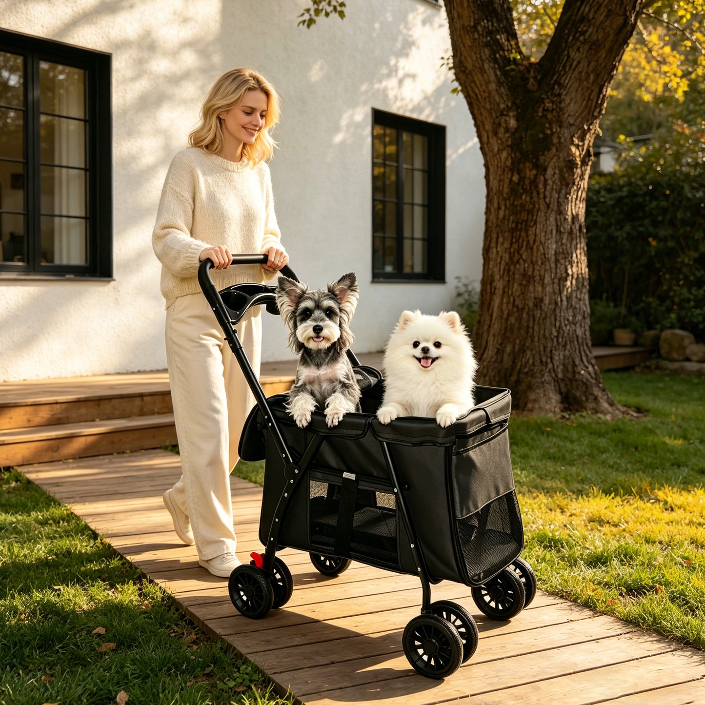 Foldable Pet Stroller for Small Medium Dogs Cats with Mesh Sides & Safety Leashes