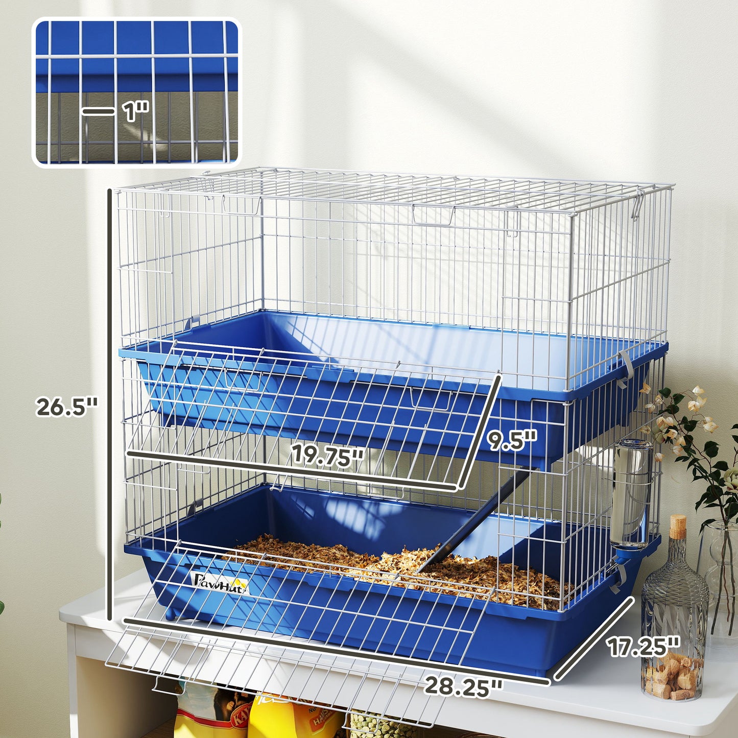 Two-Tier Small Animal Cage with Ramp and Accessories - Blue, 28 inches