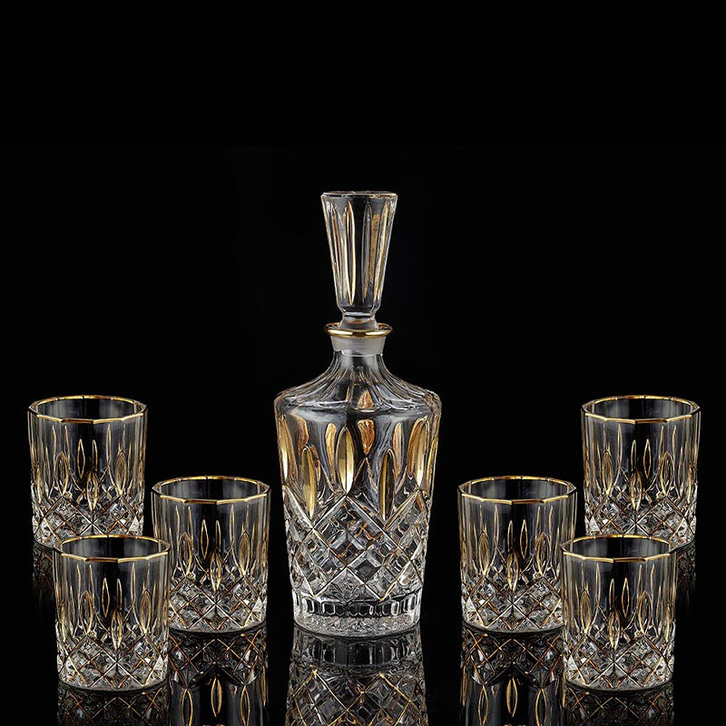 Crystal Whisky Glass Set - Home Bar Drinkware with Gilded Pattern