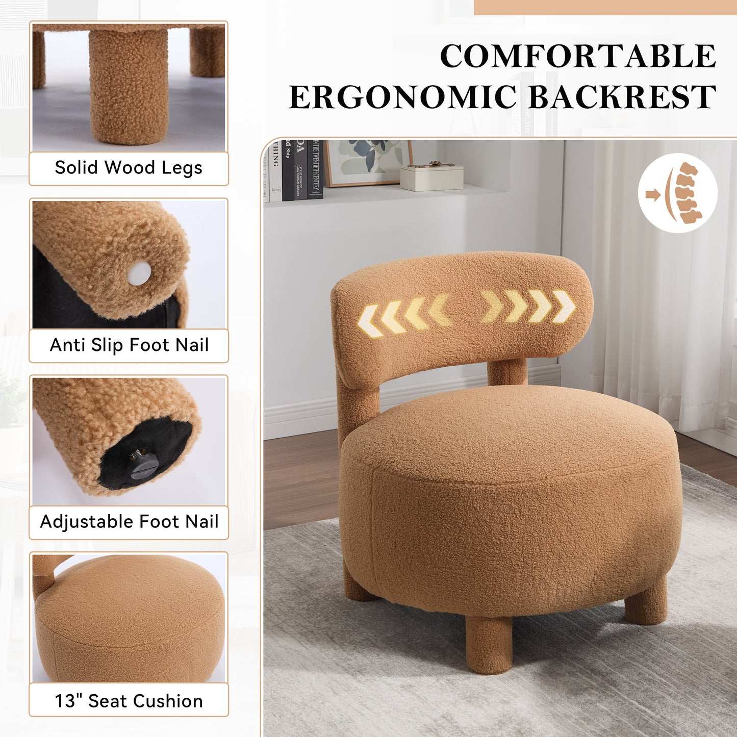 Teddy Fabric Armless Accent Chair with Curved Backrest - Khaki