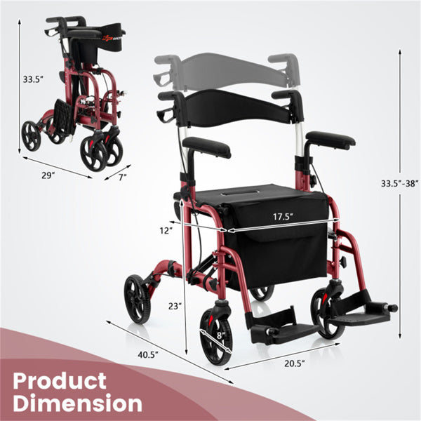 2-in-1 Rollator Walker and Wheelchair - Adjustable Handles, 300lbs Capacity, Red