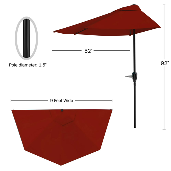 9ft Half Patio Umbrella for Balcony Porch Deck Sun Shade Red