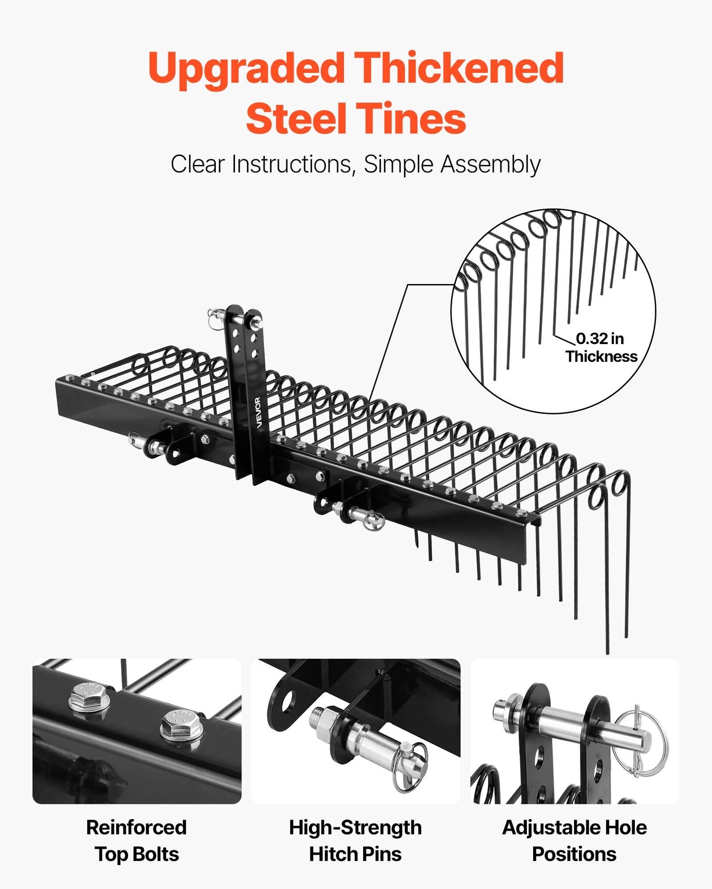 60-Inch Tow Behind Lawn Dethatcher Rake with Steel Tines for Tractors - Heavy Duty, Rust-Resistant Garden Tool