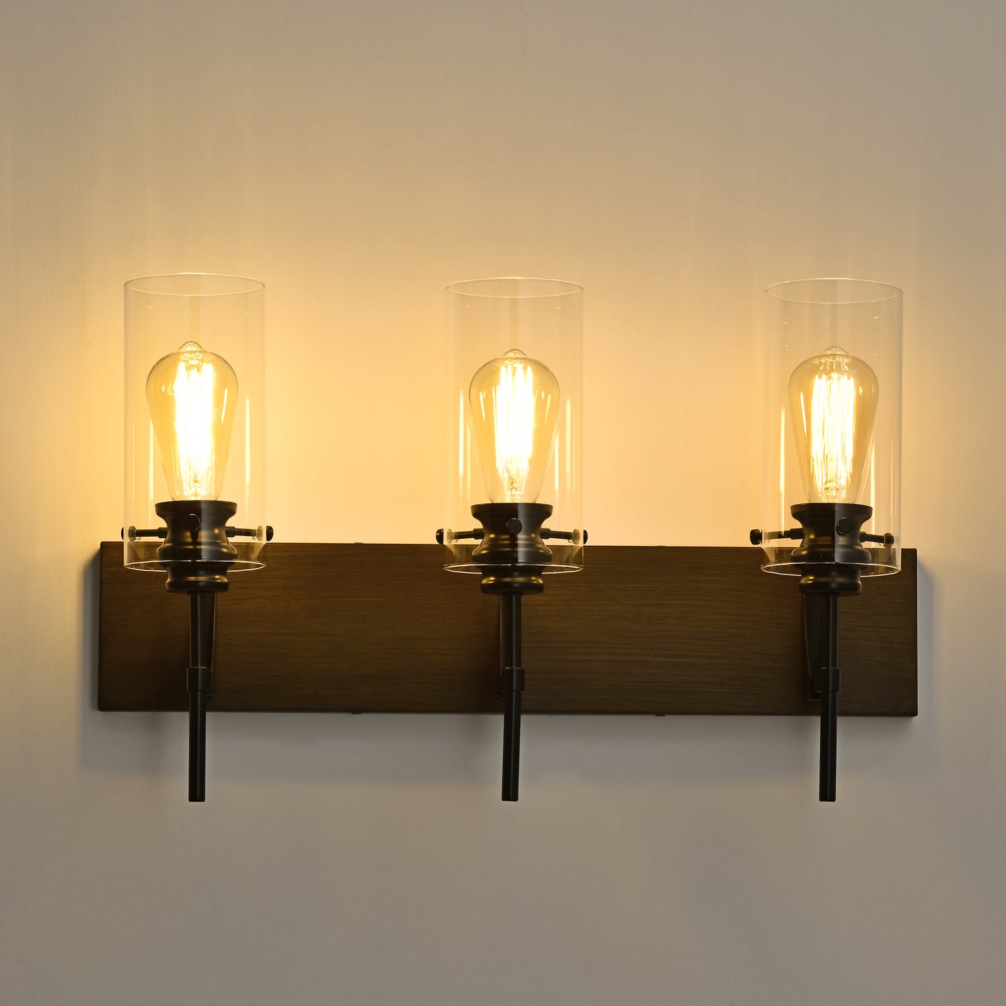 3-Light Matte Black and Wood Bathroom Vanity Light with Glass Shades