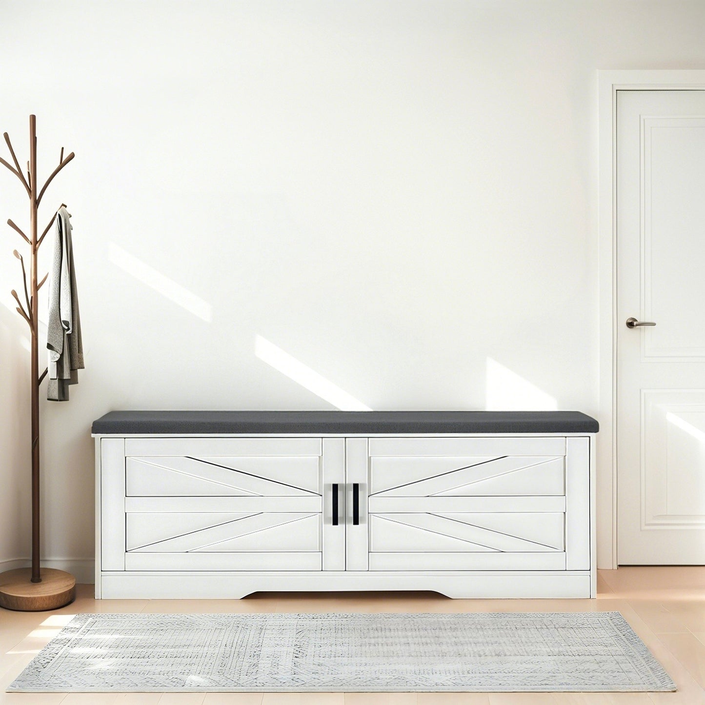 2-Tier Storage Bench, Farmhouse Shoe Bench With Padded Seat Cushion,