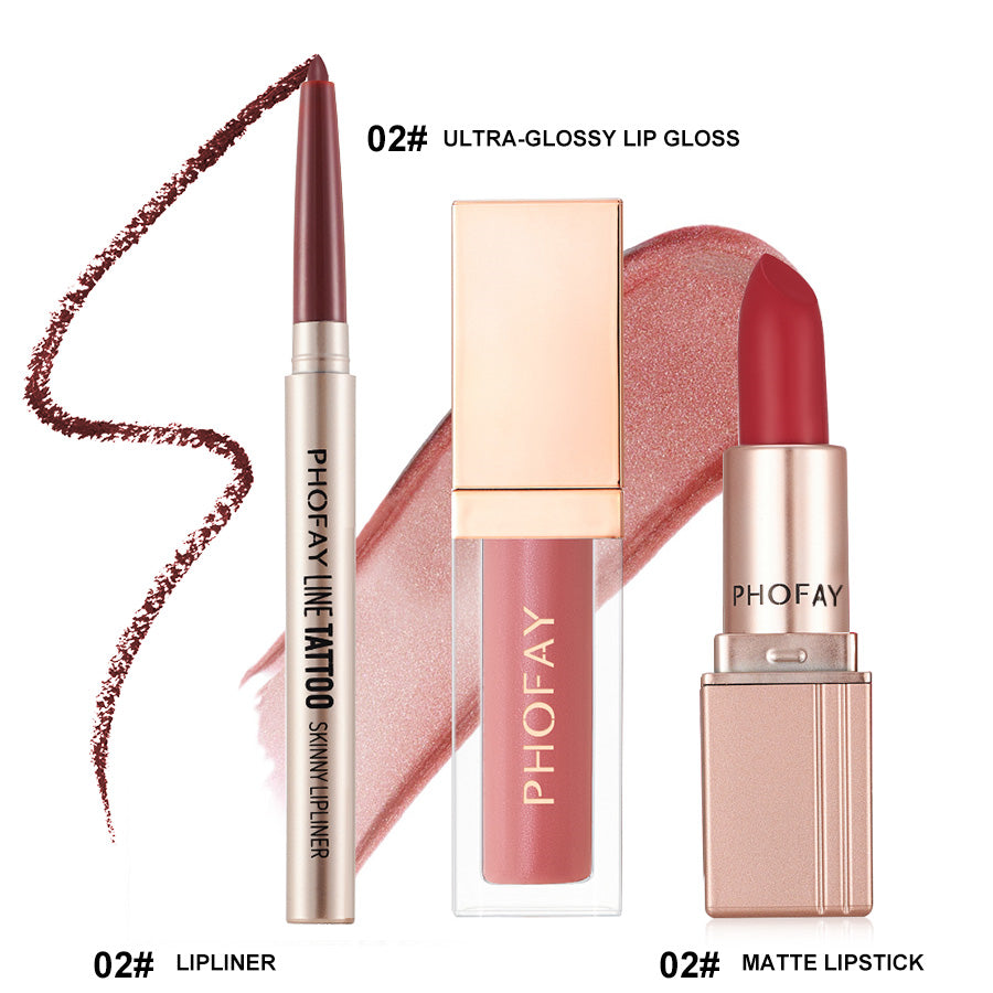 3-Piece Long-Lasting Lip Makeup Set with Gloss, Lipstick, and Liner