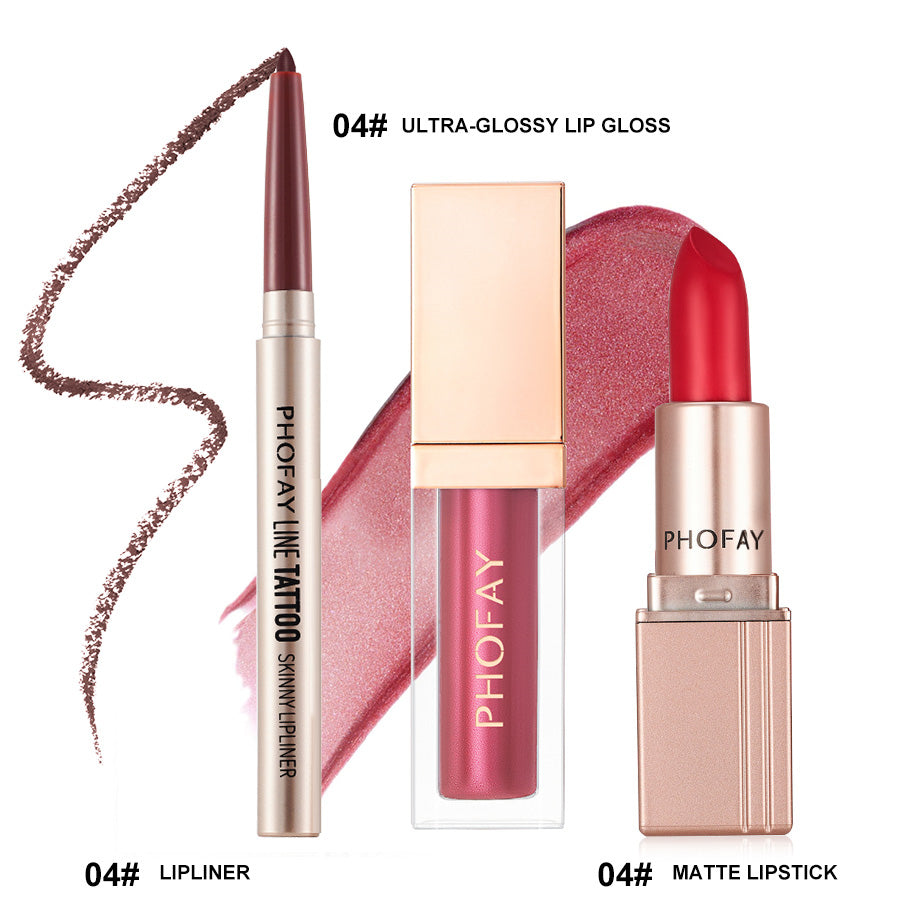 3-Piece Long-Lasting Lip Makeup Set with Gloss, Lipstick, and Liner