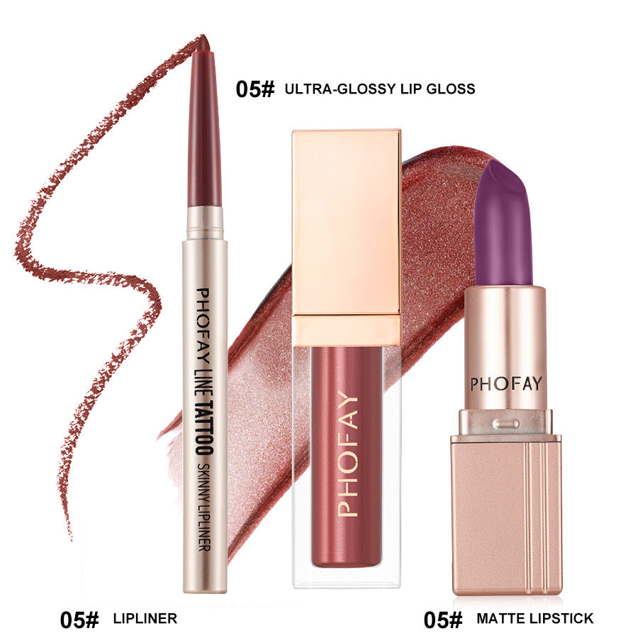 3-Piece Long-Lasting Lip Makeup Set with Gloss, Lipstick, and Liner