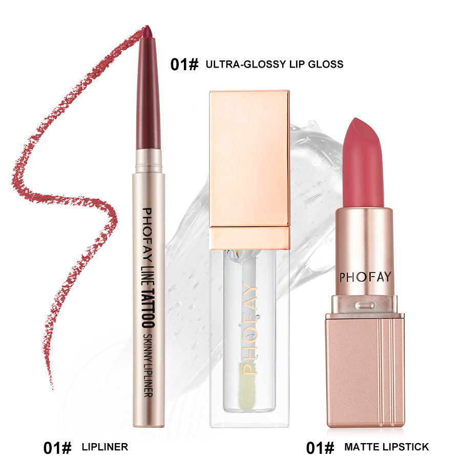 3-Piece Long-Lasting Lip Makeup Set with Gloss, Lipstick, and Liner