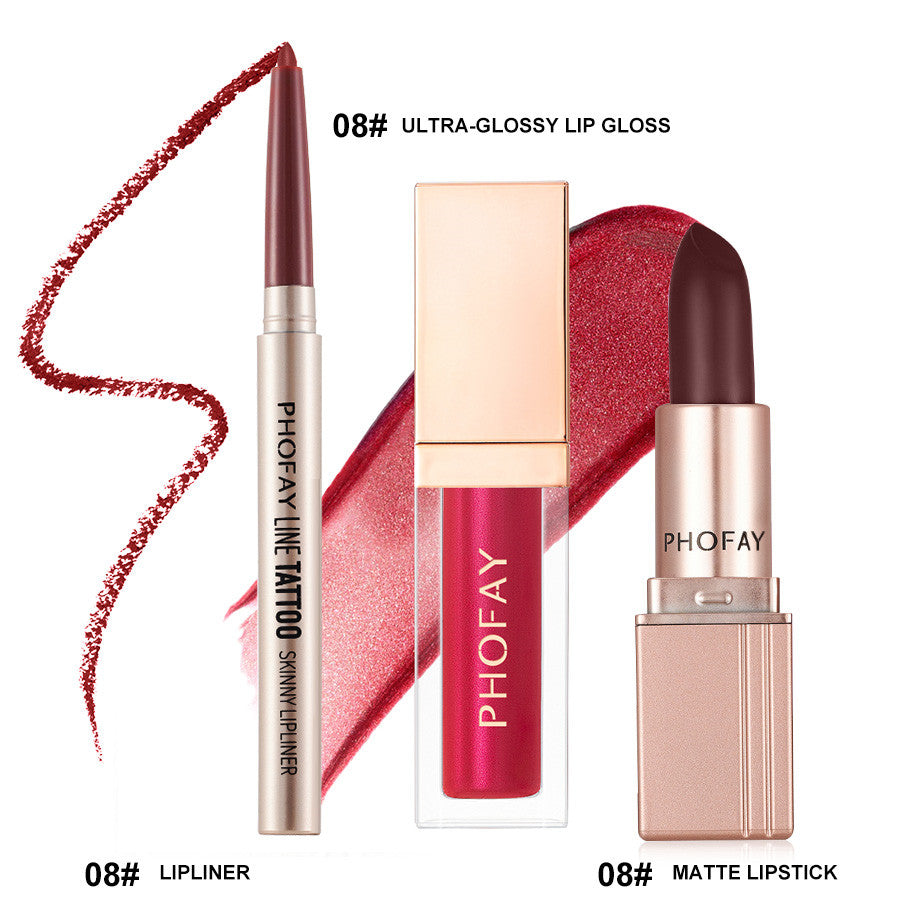 3-Piece Long-Lasting Lip Makeup Set with Gloss, Lipstick, and Liner