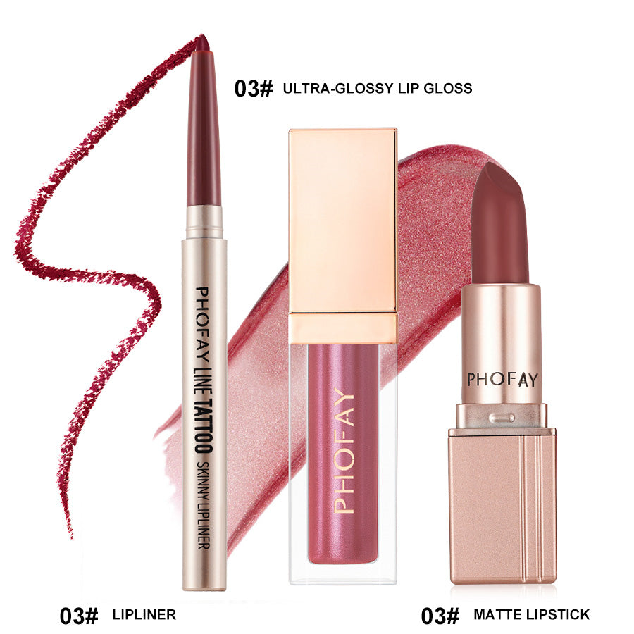 3-Piece Long-Lasting Lip Makeup Set with Gloss, Lipstick, and Liner