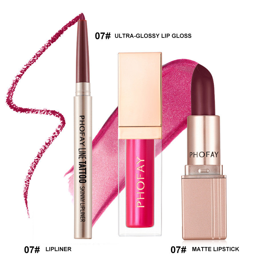 3-Piece Long-Lasting Lip Makeup Set with Gloss, Lipstick, and Liner