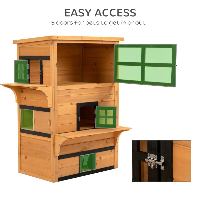 Outdoor Cat House with 5 Escape Doors Weatherproof Wooden Shelter - Yellow & Black