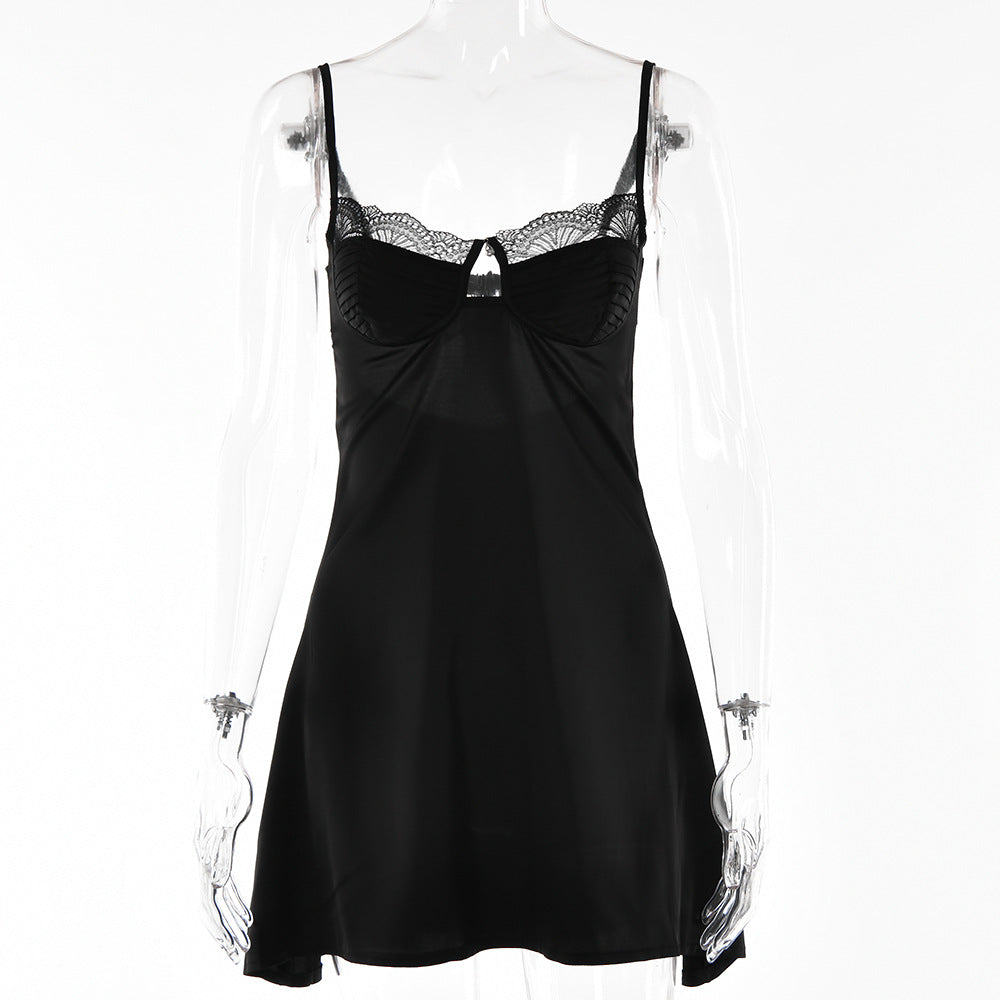 Lace Splicing Sling Short Dress with Low-Cut Design