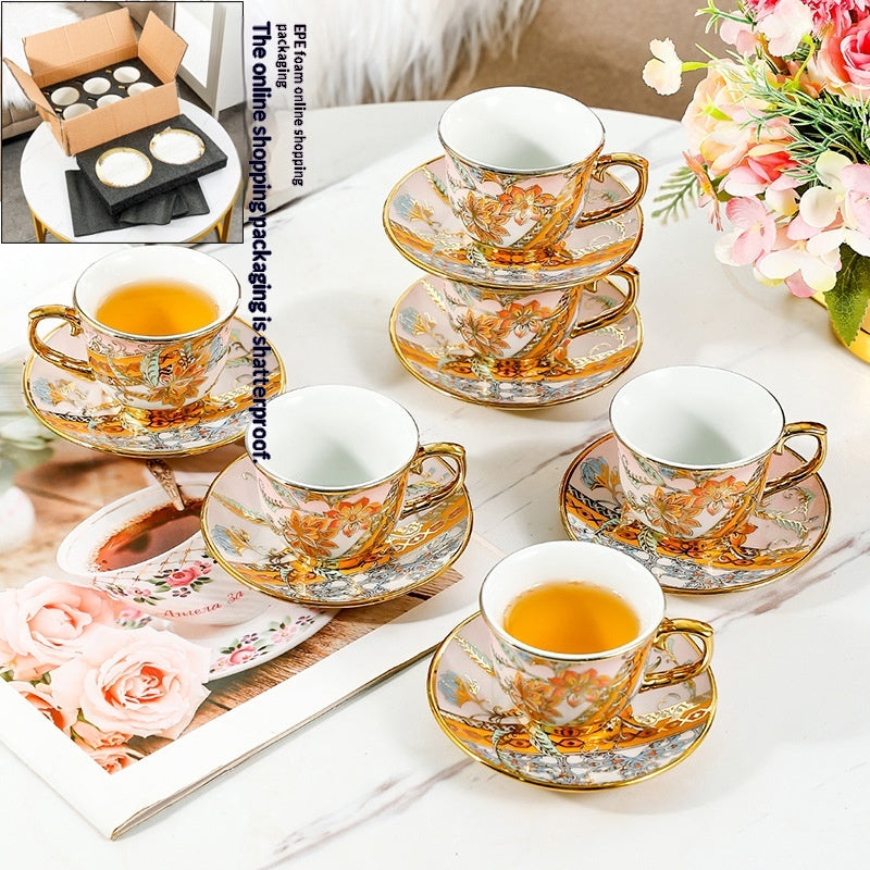 Gold-Rimmed Ceramic Coffee Cup Set with Saucers - 6 Pcs Home Drinkware