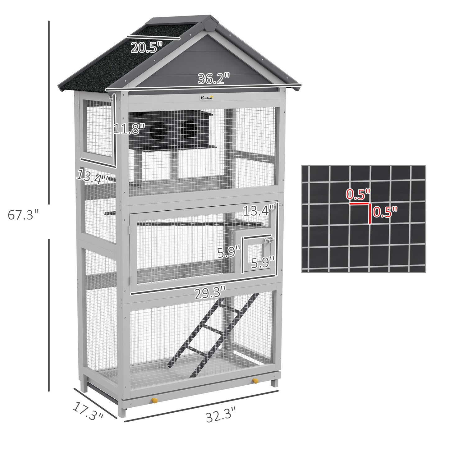 Wooden Bird Cage with Slide-Out Tray for Finches and Parakeets - Gray, 865x300x540mm