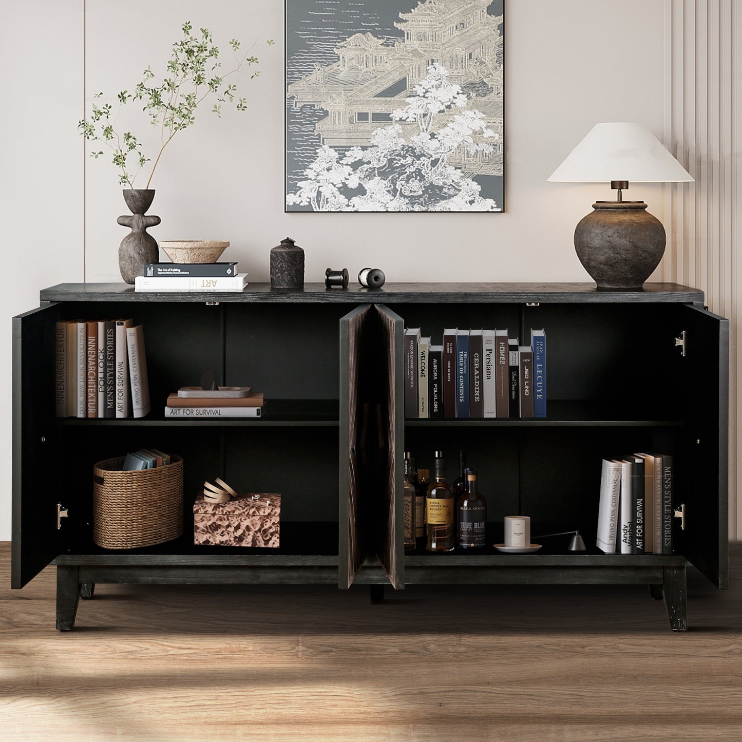 Mid Century Sideboard Buffet Cabinet with Solid Wood Legs - Antique Brown