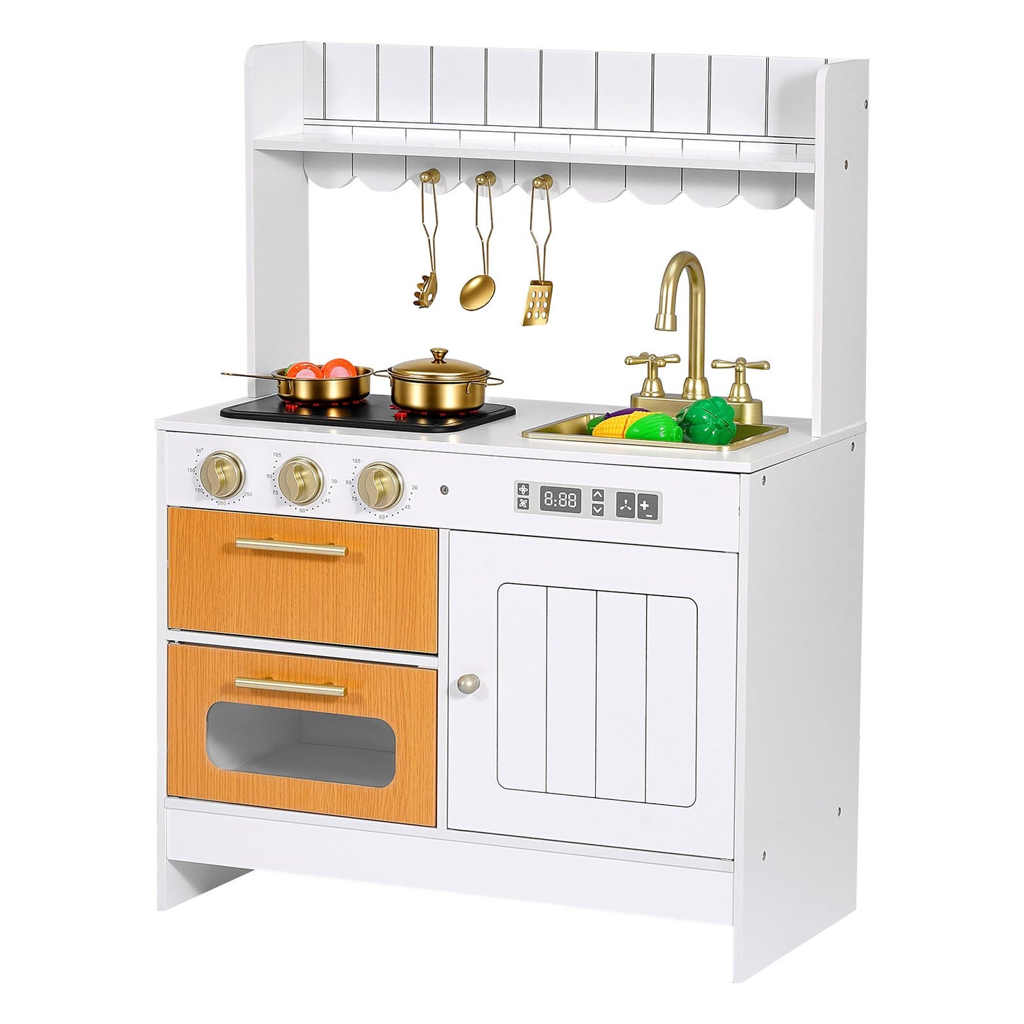 Wooden Play Kitchen Set for Kids with Lights & Sounds, Pretend Toy Playset for Toddlers 3-8