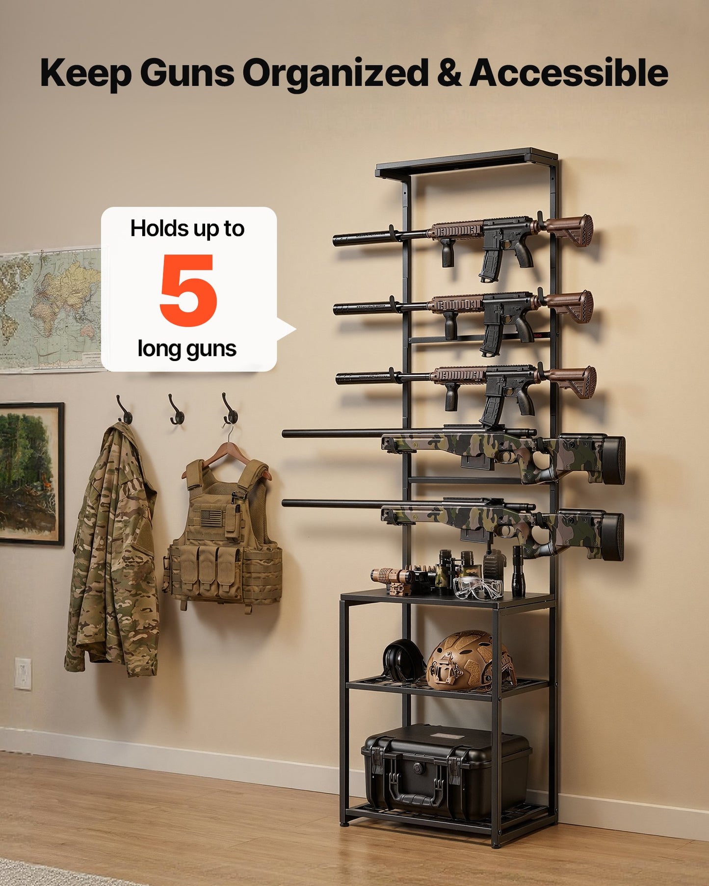 Floor Standing Gun Rack with Storage Shelf - Holds 5 Rifles, Heavy Duty Steel, Indoor Indoor Gun Storage Stand Black