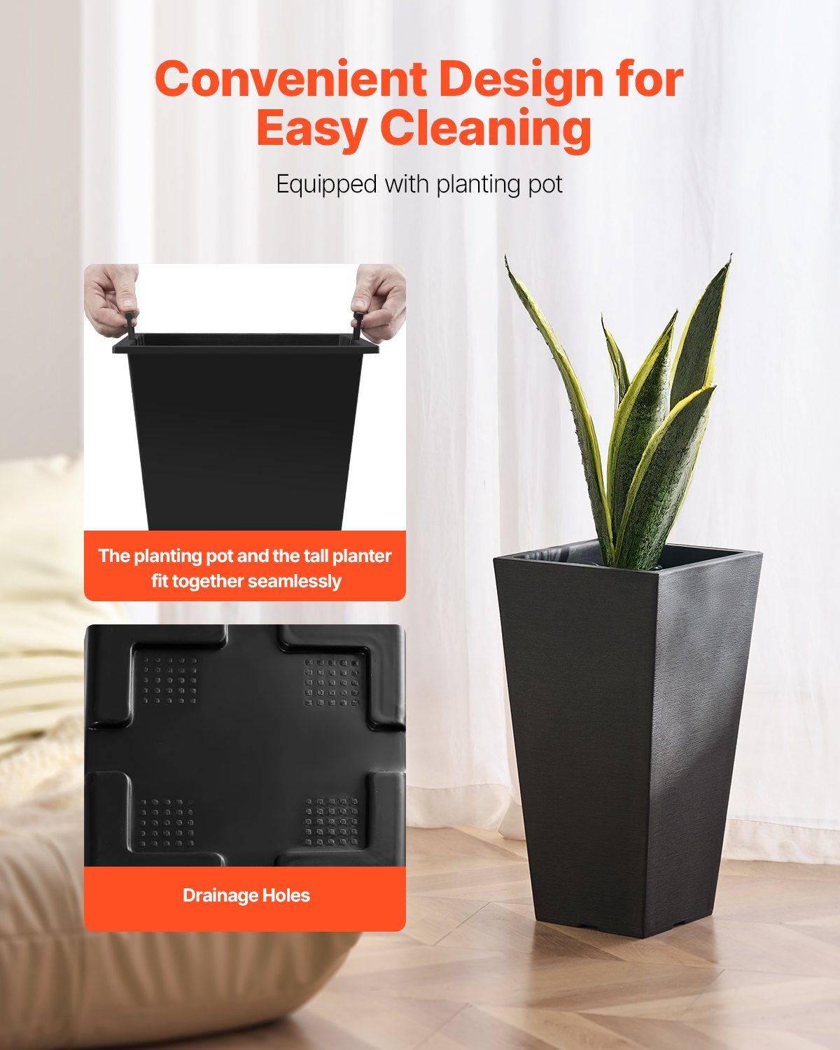 Tall Outdoor Plant Pot Set of 2 - 22 Inch Black Garden Planters with Drainage