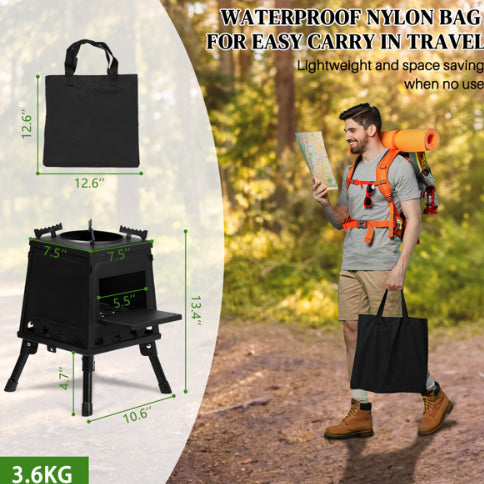 Portable Camping Stove - Wrought Iron Panel, 27x27x34cm, Black
