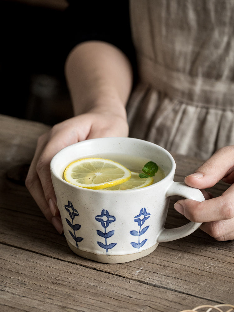Hand-Painted Small Flower Ceramic Drinking Cup 320ml - Blue