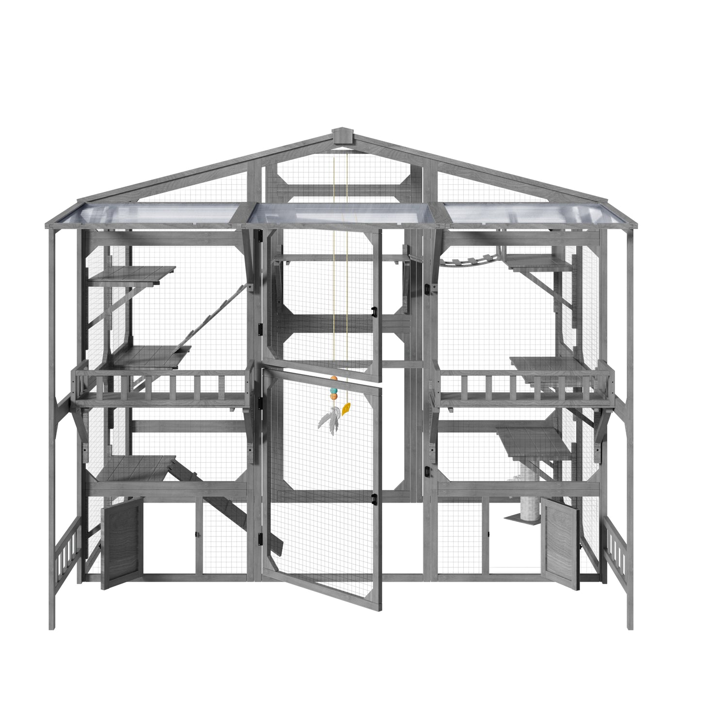 Outdoor Cat Enclosure with 6 Platforms Climbing Ramp & Resting Box for Multiple Cats - Grey