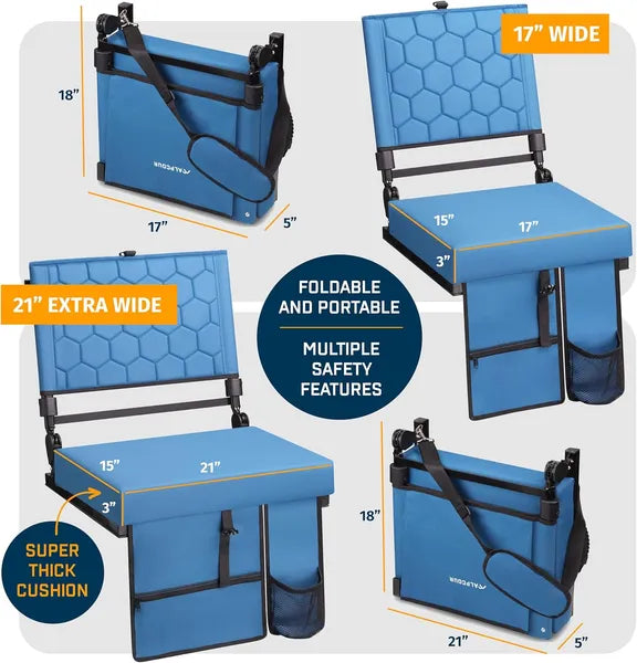 Folding Reclining Stadium Seat with Back Support - Navy Blue, 21" Wide