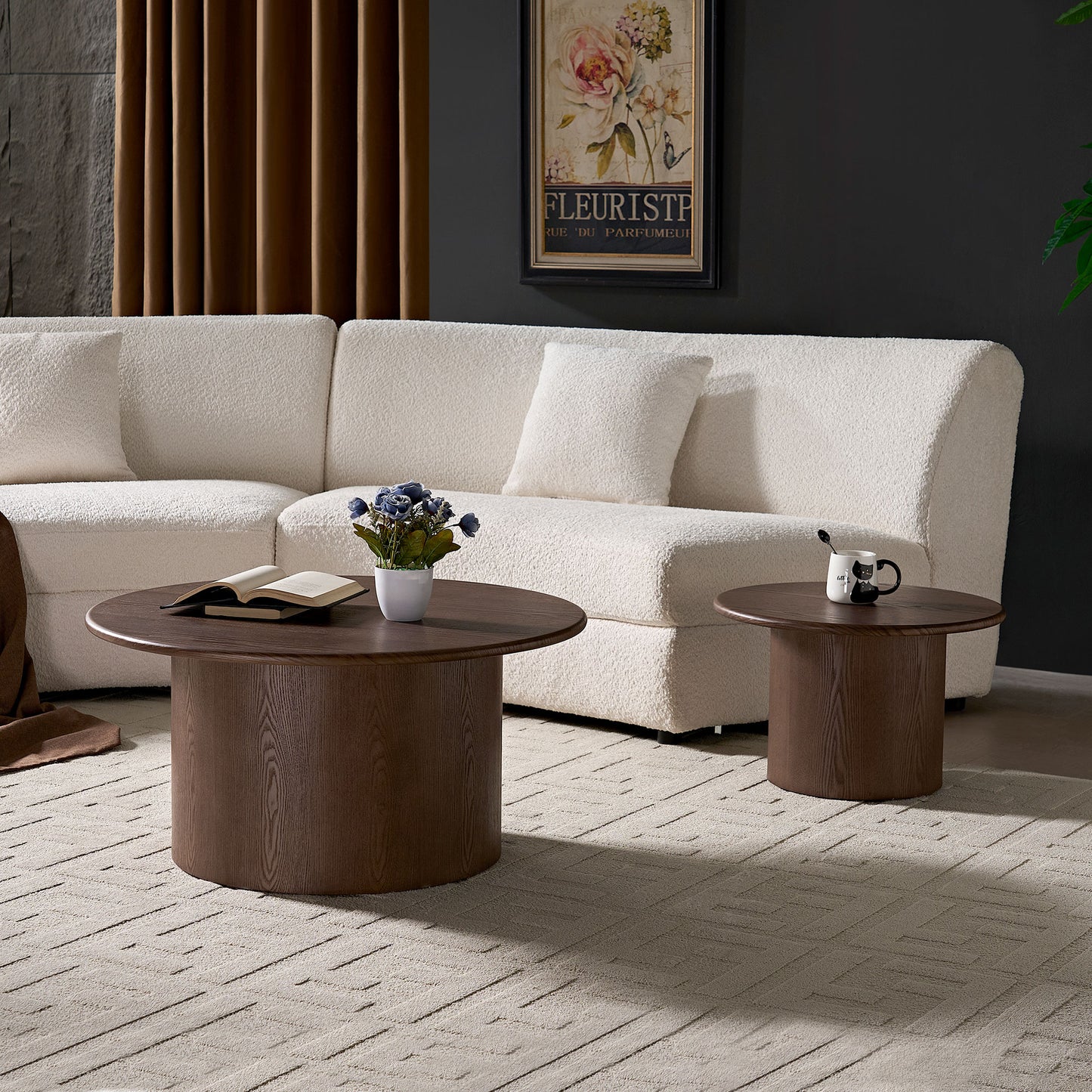 Round Coffee Table Set of 2 - Mid-Century Modern Walnut MDF