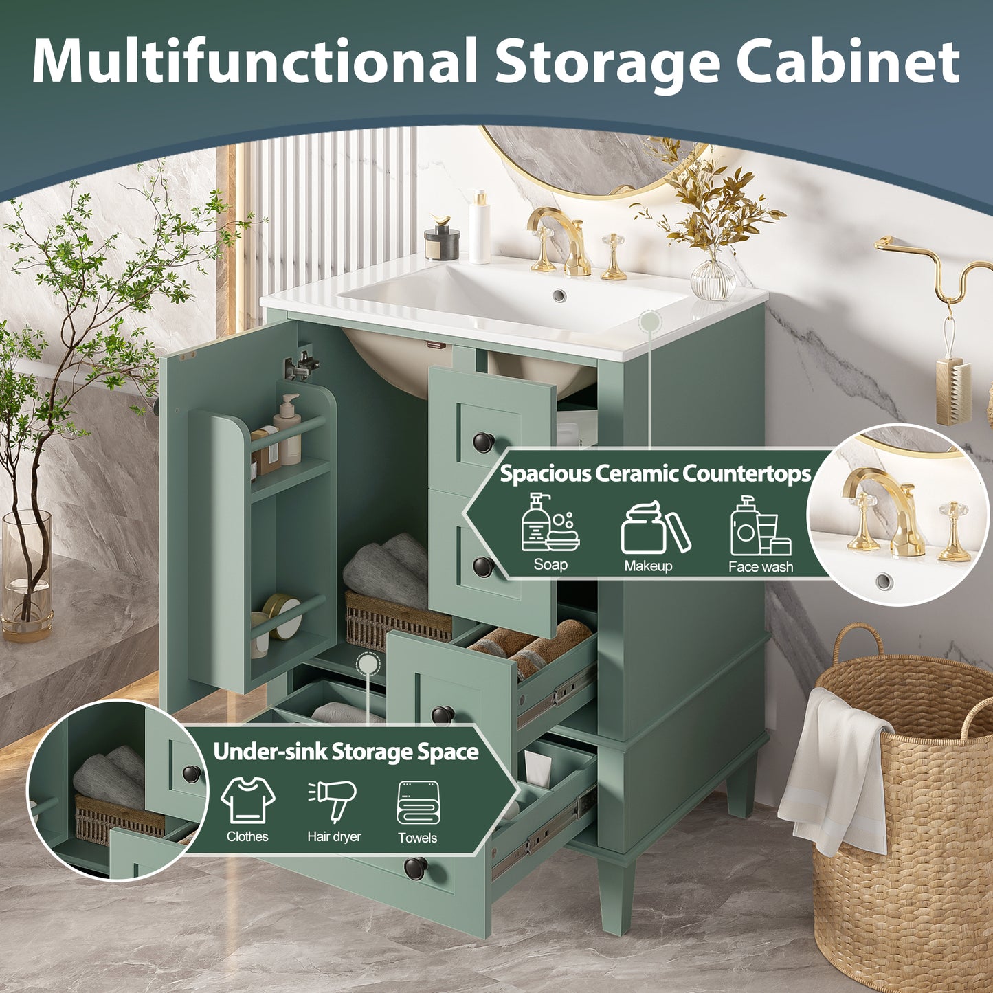 24-Inch Light Green Bathroom Vanity with Integrated Basin
