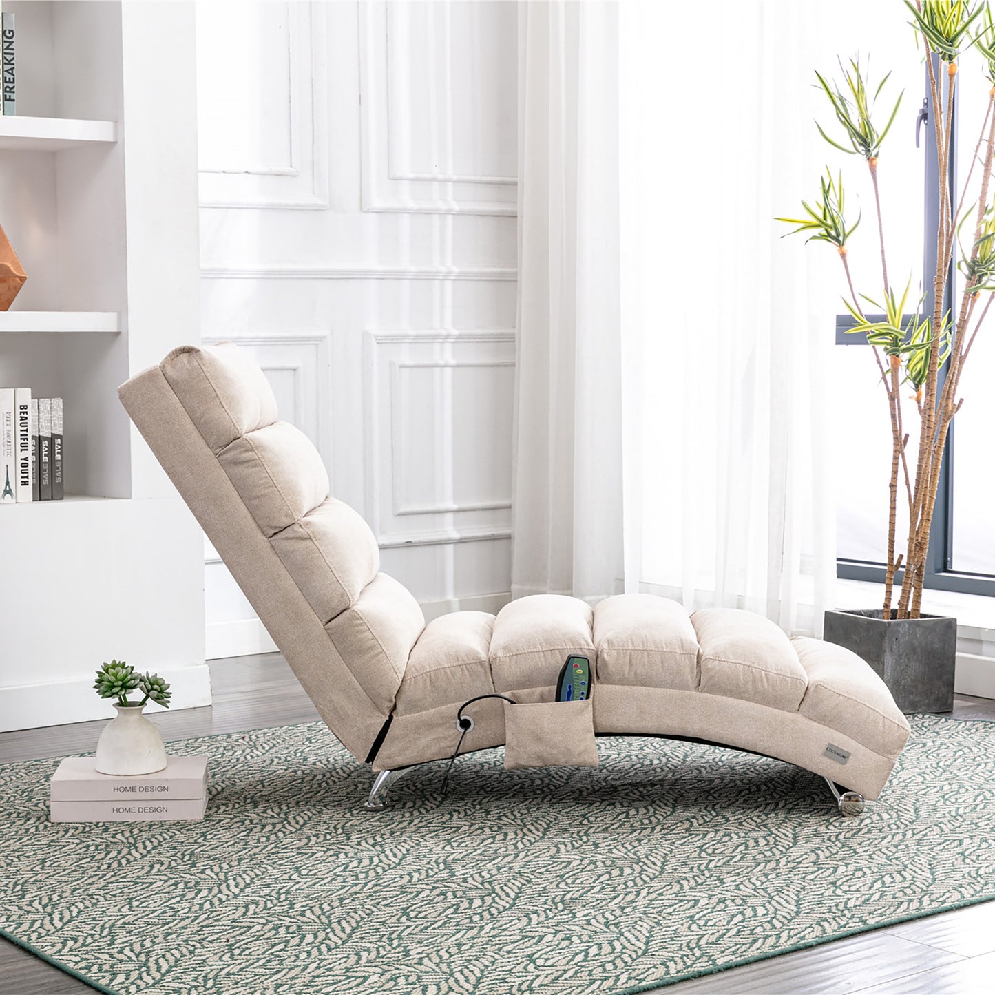 Luxury Upholstered Chaise Lounge Chair with Vibration - Beige